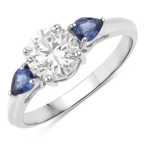 Sapphire-1.30 Carat Genuine Blue Sapphire and Lab Grown Diamond 14K White Gold Ring