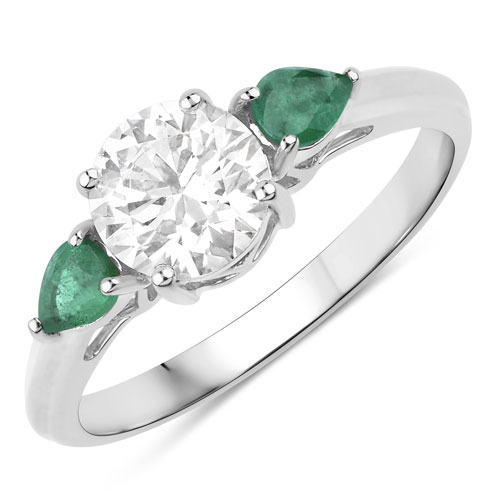 Emerald-1.28 Carat Genuine Zambian Emerald and Lab Grown Diamond 14K White Gold Ring