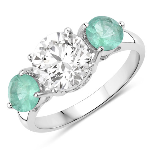 Emerald-2.86 Carat Genuine Zambian Emerald and Lab Grown Diamond 14K White Gold Ring