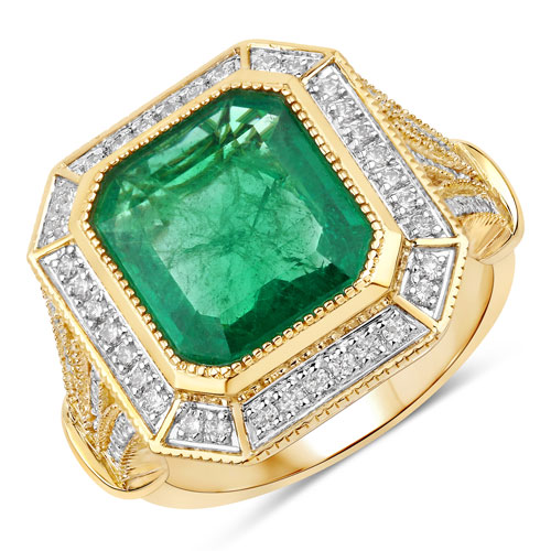 Emerald-IGI Certified 4.57 Carat Genuine Zambian Emerald and White Diamond 14K Yellow Gold Ring