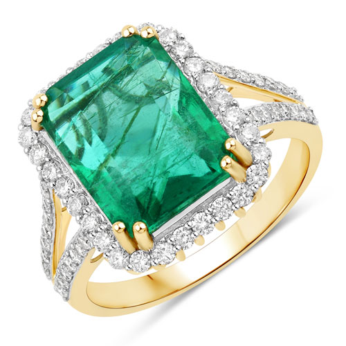 Emerald-IGI Certified 6.96 Carat Genuine Zambian Emerald and White Diamond 14K Yellow Gold Ring