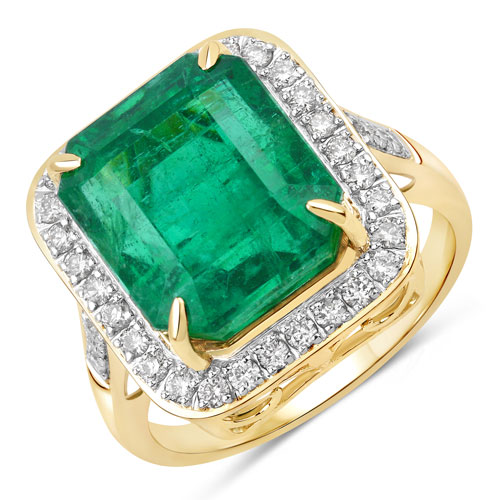 Emerald-IGI Certified 10.99 Carat Genuine Zambian Emerald and White Diamond 14K Yellow Gold Ring