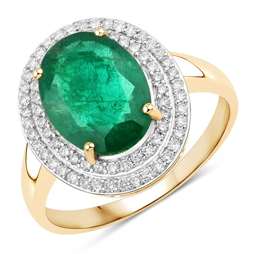 Emerald-IGI Certified 3.36 Carat Genuine Zambian Emerald and White Diamond 14K Yellow Gold Ring