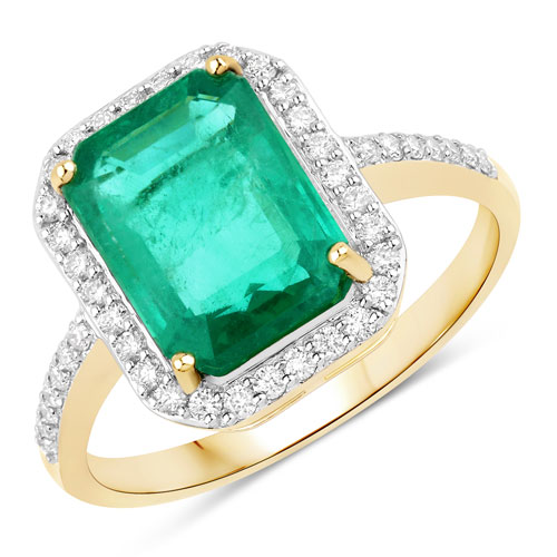 Emerald-IGI Certified 3.75 Carat Genuine Zambian Emerald and White Diamond 14K Yellow Gold Ring