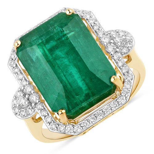 Emerald-IGI Certified 12.02 Carat Genuine Zambian Emerald and White Diamond 14K Yellow Gold Ring