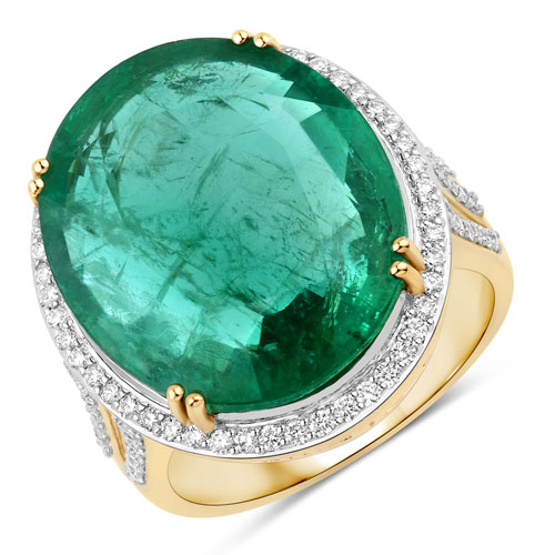 Emerald-IGI Certified 13.48 Carat Genuine Zambian Emerald and White Diamond 14K Yellow Gold Ring
