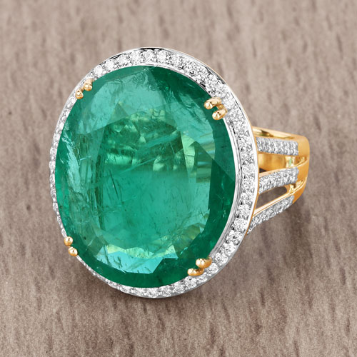 IGI Certified 13.48 Carat Genuine Zambian Emerald and White Diamond 14K Yellow Gold Ring