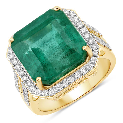 Emerald-IGI Certified 13.06 Carat Genuine Zambian Emerald and White Diamond 14K Yellow Gold Ring