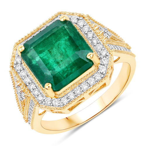 Emerald-IGI Certified 6.20 Carat Genuine Zambian Emerald and White Diamond 14K Yellow Gold Ring