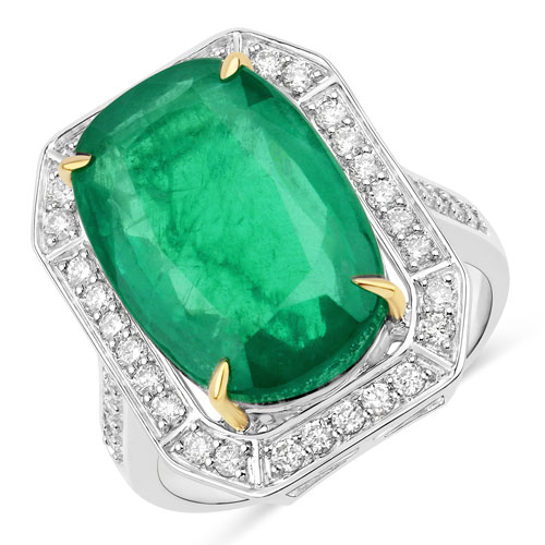 Emerald-IGI Certified 11.78 Carat Genuine Zambian Emerald and White Diamond 14K Yellow & White Gold Ring