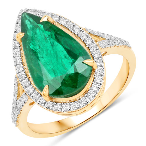 Emerald-IGI Certified 4.05 Carat Genuine Zambian Emerald and White Diamond 14K Yellow Gold Ring