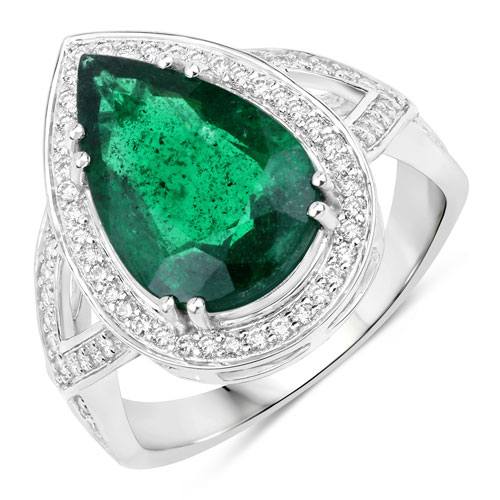 Emerald-IGI Certified 4.25 Carat Genuine Zambian Emerald and White Diamond 14K White Gold Ring