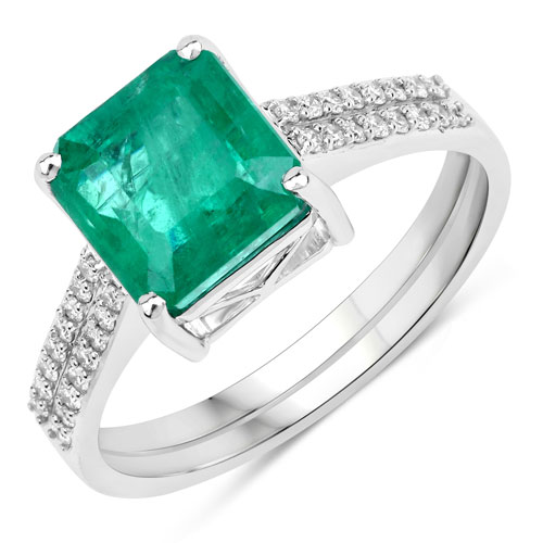 Emerald-IGI Certified 3.11 Carat Genuine Zambian Emerald and White Diamond 14K White Gold Ring
