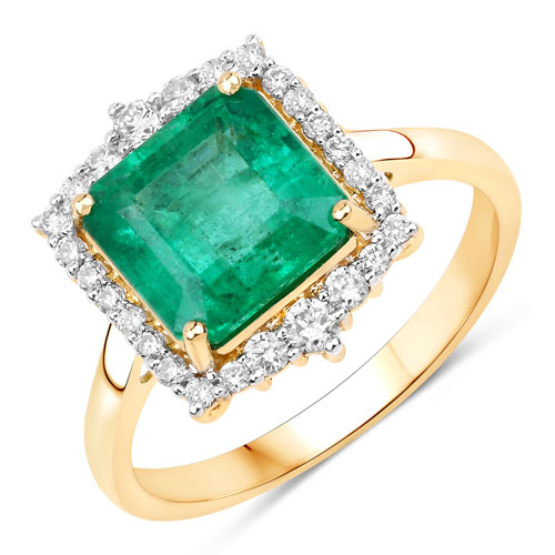 Emerald-IGI Certified 2.92 Carat Genuine Zambian Emerald and White Diamond 14K Yellow Gold Ring