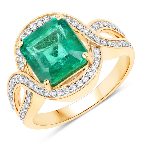 Emerald-IGI Certified 3.72 Carat Genuine Zambian Emerald and White Diamond 14K Yellow Gold Ring