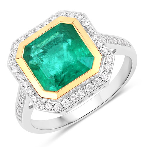 Emerald-IGI Certified 3.78 Carat Genuine Zambian Emerald and White Diamond 14K Yellow & White Gold Ring