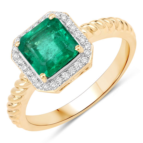 Emerald-IGI Certified 1.66 Carat Genuine Zambian Emerald and White Diamond 14K Yellow Gold Ring
