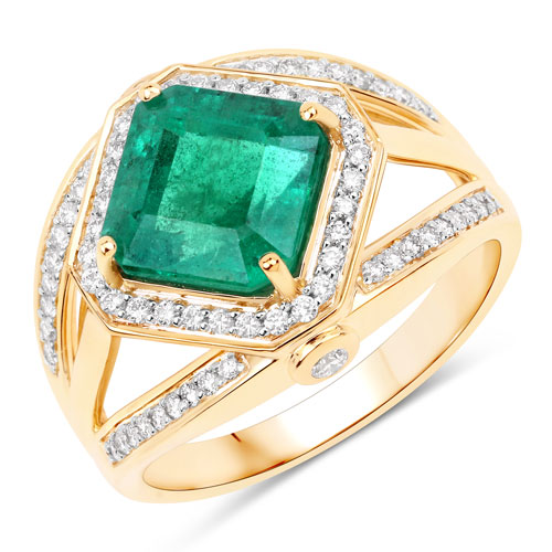 Emerald-IGI Certified 3.48 Carat Genuine Zambian Emerald and White Diamond 14K Yellow Gold Ring