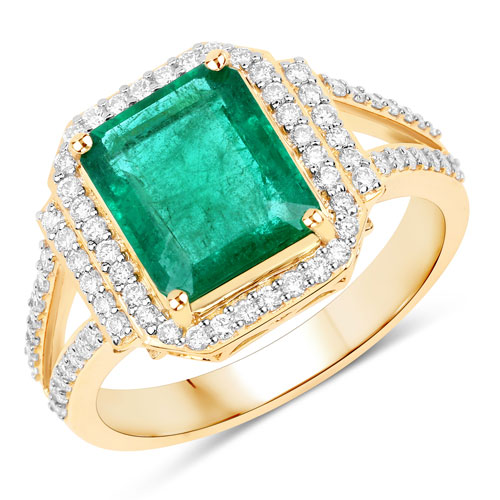 Emerald-IGI Certified 3.17 Carat Genuine Zambian Emerald and White Diamond 14K Yellow Gold Ring