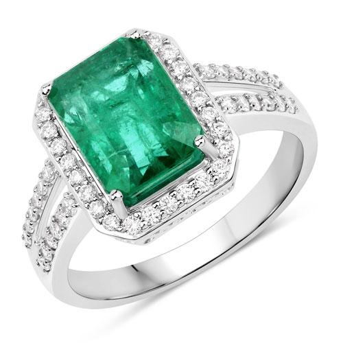 Emerald-IGI Certified 3.66 Carat Genuine Zambian Emerald and White Diamond 14K White Gold Ring
