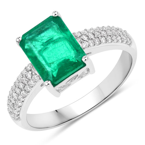 Emerald-IGI Certified 2.52 Carat Genuine Zambian Emerald and White Diamond 14K White Gold Ring