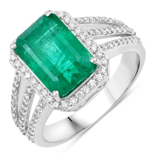 Emerald-IGI Certified 4.61 Carat Genuine Zambian Emerald and White Diamond 14K White Gold Ring