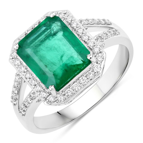 Emerald-IGI Certified 3.01 Carat Genuine Zambian Emerald and White Diamond 14K White Gold Ring