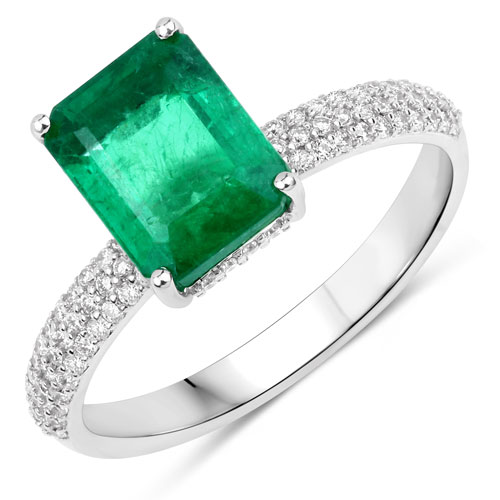 Emerald-IGI Certified 2.74 Carat Genuine Zambian Emerald and White Diamond 14K White Gold Ring