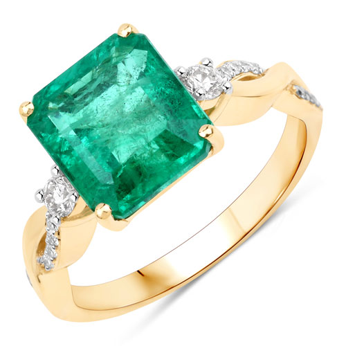 Emerald-IGI Certified 3.86 Carat Genuine Zambian Emerald and White Diamond 14K Yellow Gold Ring