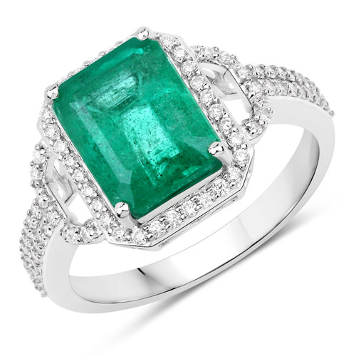 Emerald-IGI Certified 3.54 Carat Genuine Zambian Emerald and White Diamond 14K White Gold Ring