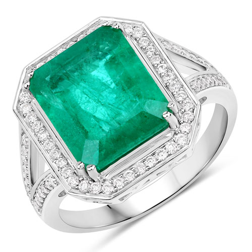 Emerald-IGI Certified 5.13 Carat Genuine Zambian Emerald and White Diamond 14K White Gold Ring