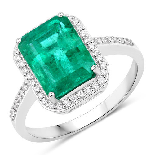 Emerald-IGI Certified 3.57 Carat Genuine Zambian Emerald and White Diamond 14K White Gold Ring