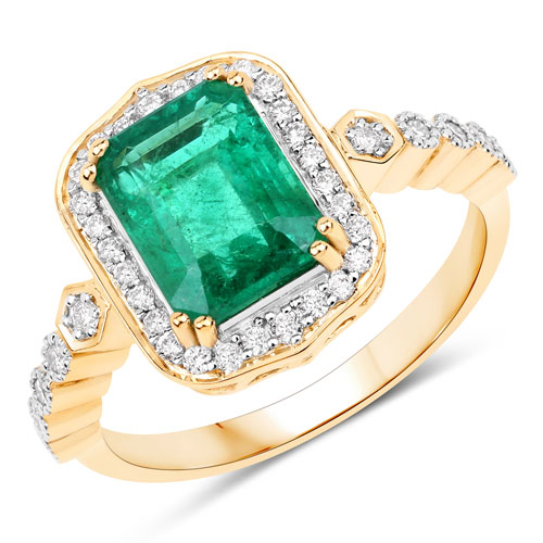 Emerald-IGI Certified 2.41 Carat Genuine Zambian Emerald and White Diamond 14K Yellow Gold Ring