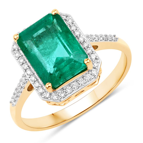 Emerald-IGI Certified 3.32 Carat Genuine Zambian Emerald and White Diamond 14K Yellow Gold Ring