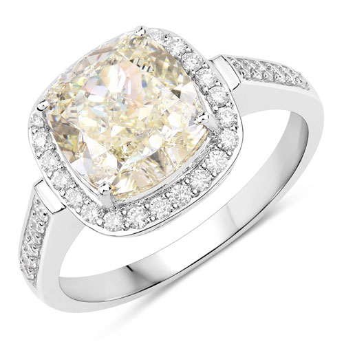 Diamond-IGI Certified 4.02 Carat Genuine Light Yellow Diamond Center and 0.36cttw White Diamond 18K White Gold Ring (4.38cttw)