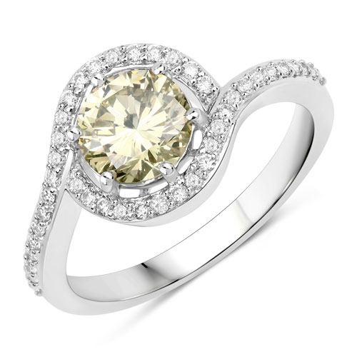 Diamond-IGI Certified 1.20 Carat Genuine Light Yellow Diamond Center and 0.27cttw White Diamond 18K White Gold Ring (1.47cttw)