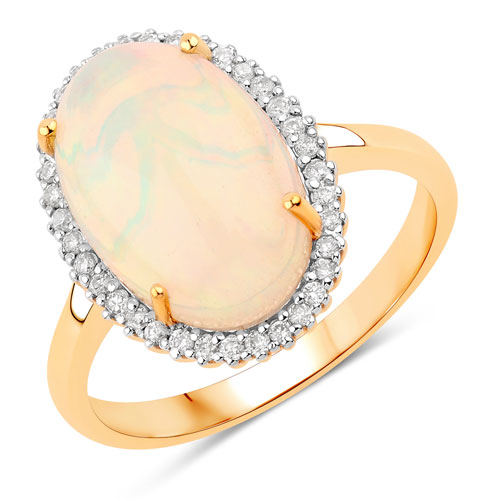 Opal-3.61 Carat Genuine Ethiopian Opal and White Diamond 14K Yellow Gold Ring