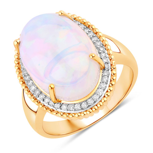 Opal-8.30 Carat Genuine Ethiopian Opal and White Diamond 14K Yellow Gold Ring