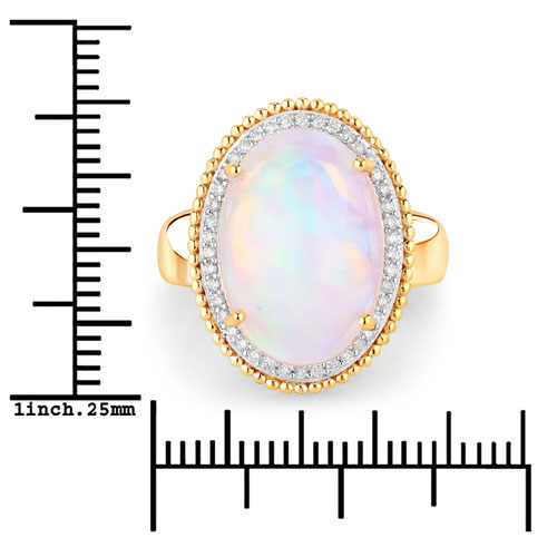 8.30 Carat Genuine Ethiopian Opal and White Diamond 14K Yellow Gold Ring