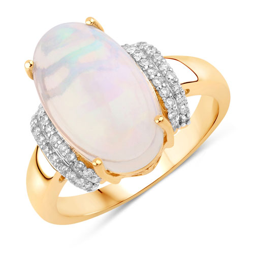 Opal-5.24 Carat Genuine Ethiopian Opal and White Diamond 14K Yellow Gold Ring