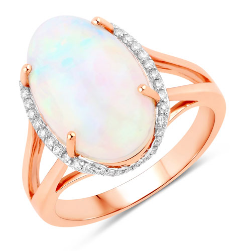 Opal-3.28 Carat Genuine Ethiopian Opal and White Diamond 14K Rose Gold Ring