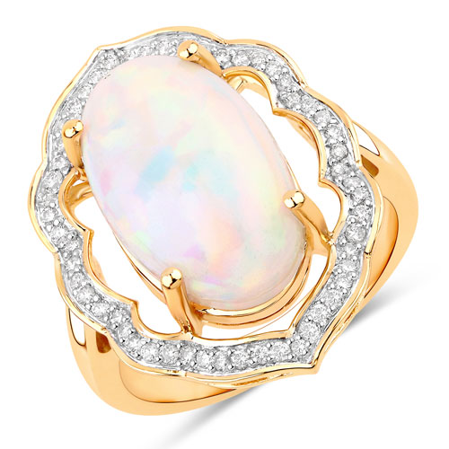 Opal-6.46 Carat Genuine Ethiopian Opal and White Diamond 14K Yellow Gold Ring