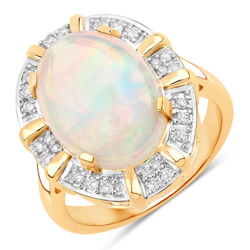 Opal-3.94 Carat Genuine Ethiopian Opal and White Diamond 14K Yellow Gold Ring
