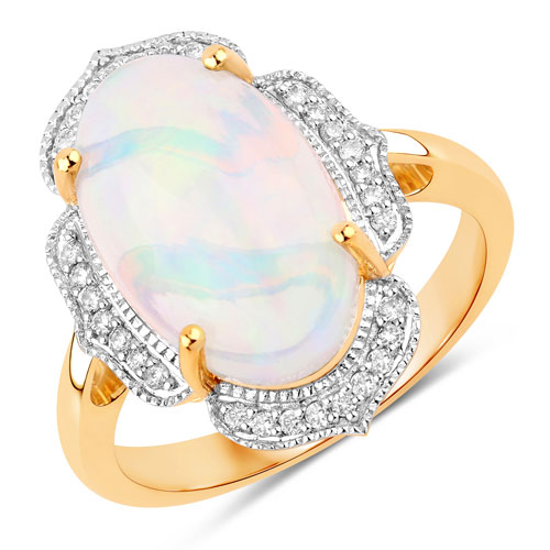 Opal-4.11 Carat Genuine Ethiopian Opal and White Diamond 14K Yellow Gold Ring