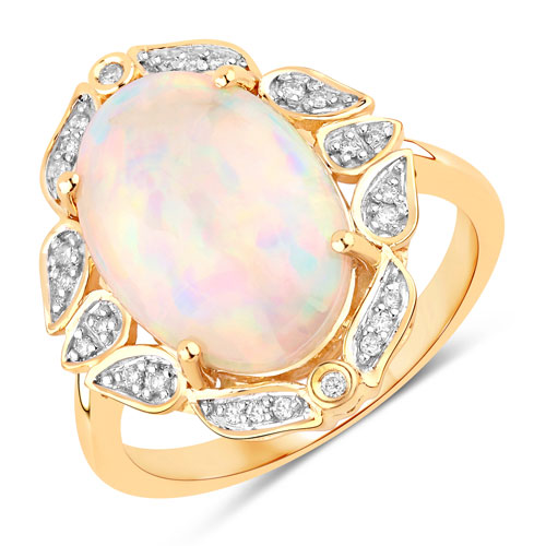 Opal-2.43 Carat Genuine Ethiopian Opal and White Diamond 14K Yellow Gold Ring