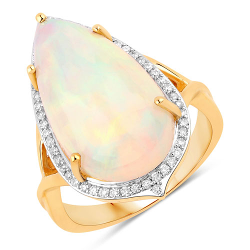 Opal-7.82 Carat Genuine Ethiopian Opal and White Diamond 14K Yellow Gold Ring