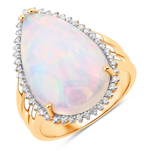 Opal-7.72 Carat Genuine Ethiopian Opal and White Diamond 14K Yellow Gold Ring