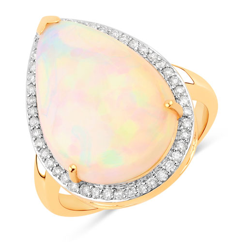 Opal-7.06 Carat Genuine Ethiopian Opal and White Diamond 14K Yellow Gold Ring