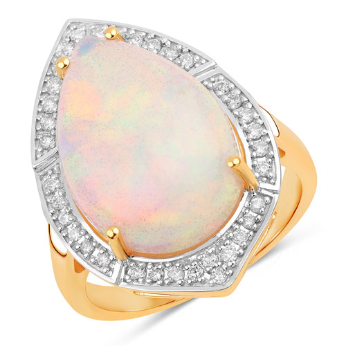 Opal-8.27 Carat Genuine Ethiopian Opal and White Diamond 14K Yellow Gold Ring