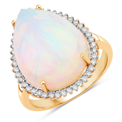 Opal-8.39 Carat Genuine Ethiopian Opal and White Diamond 14K Yellow Gold Ring